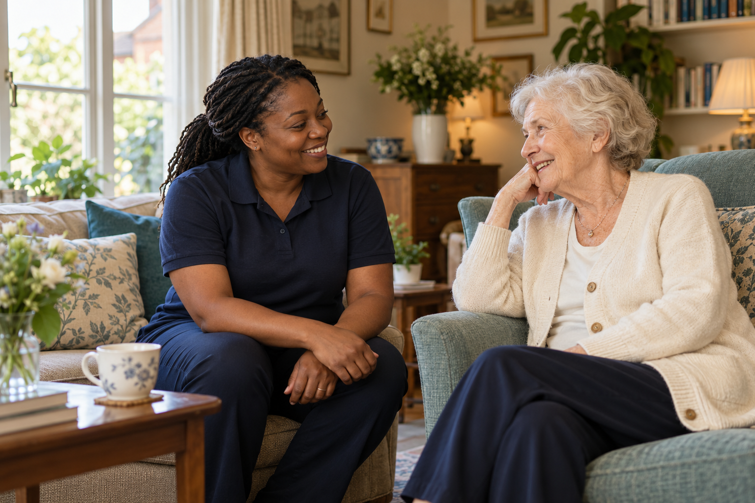 A Black care worker and an older woman enjoying a conversation at home